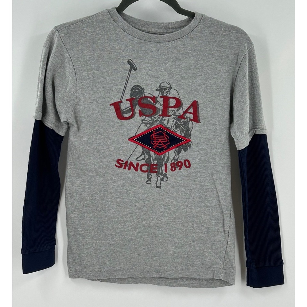 US Polo Assn Boys Gray Graphic Layered‎ Long Sleeve T-Shirt Size 10/12 USPA Pony